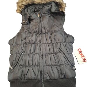 Bongo Black Puffer Vest with Faux Fur Hood Y2K Size Large